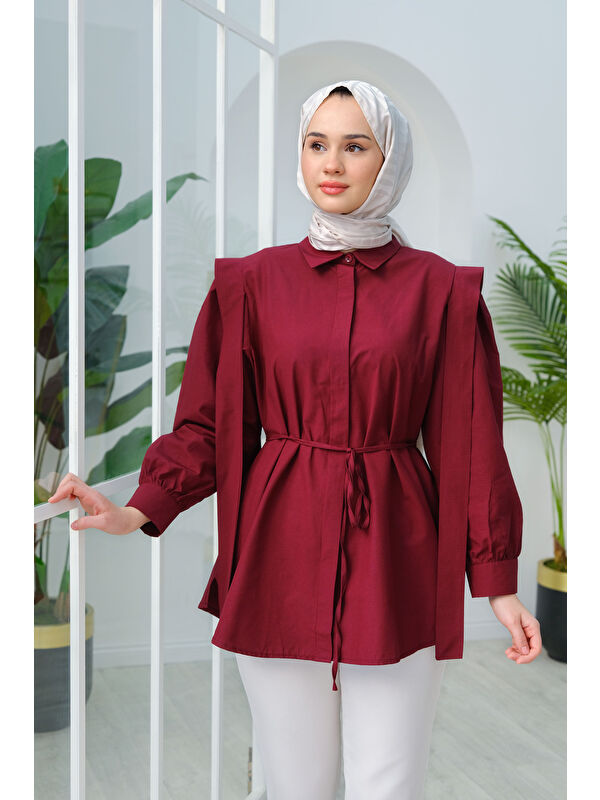 Locco Moda Kadın Pile Detay Önü Gizli Düğmeli Gömlek Bordo