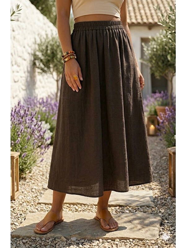 Chiccy Kahverengi Gizli Cepli Kalın Yıkamalı Lastikli Bel Casual Gabardin Midi Boy Dokuma Etek 90 66