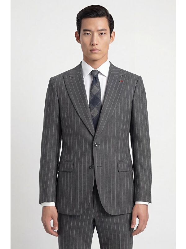 Sabri Özel Giotelli Erkek Koyu Gri Dar Kesim Slim Fit Viskon Dokuma Normal Bel 6 Drop Klasik Takım Elbise
