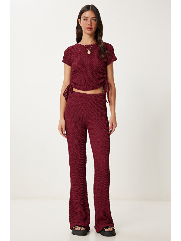 Happiness İstanbul Dokulu Esnek Bluz Pantolon Takım BORDO LZV0011