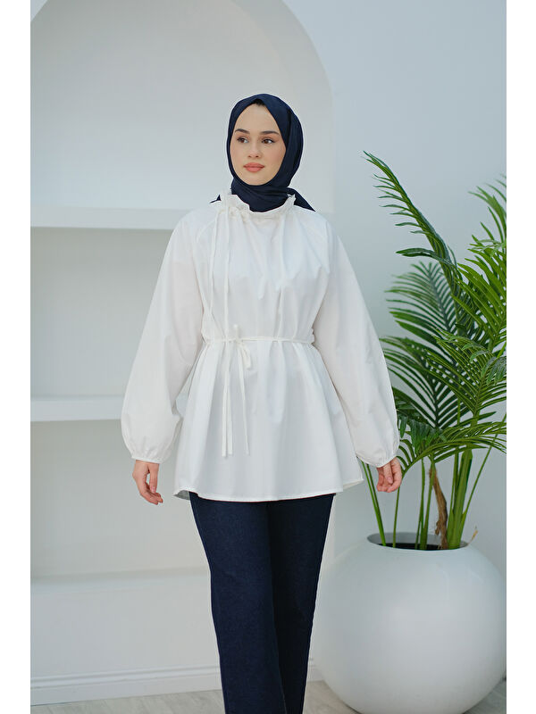 Locco Moda Kadın Yaka Büzgülü Bel Bağlamalı Tunik Beyaz