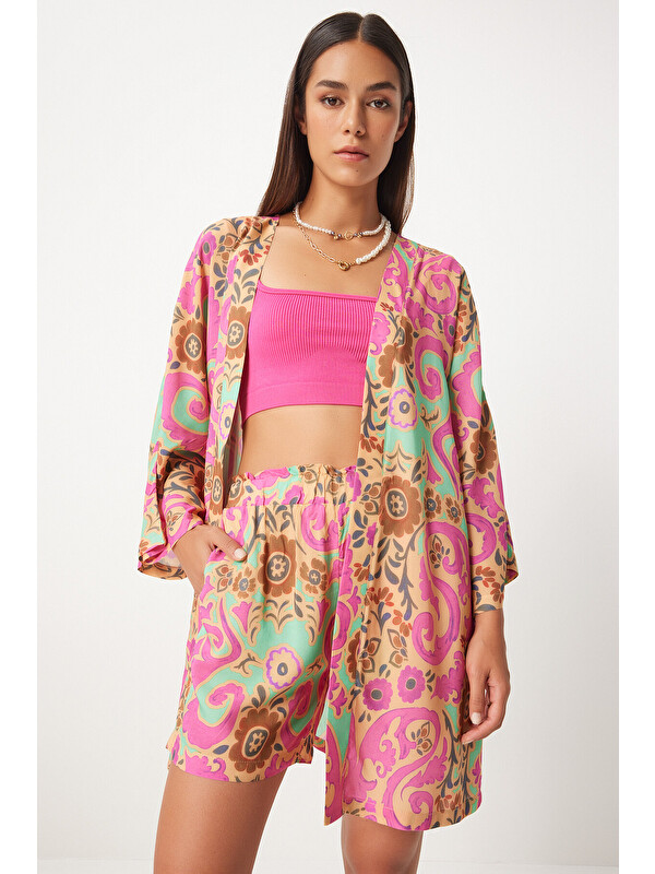 Happiness İstanbul Desenli Viskon Kimono Şort Takım BEJ PEMBE LWF0006