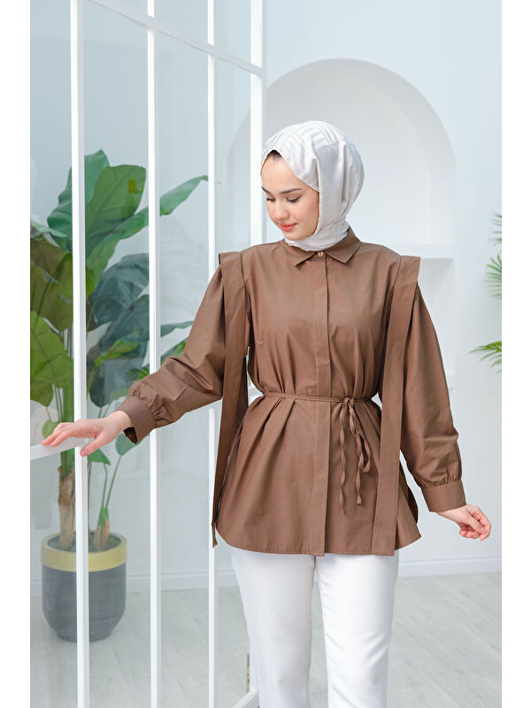 Locco Moda Kadın Pile Detay Önü Gizli Düğmeli Gömlek Kahverengi