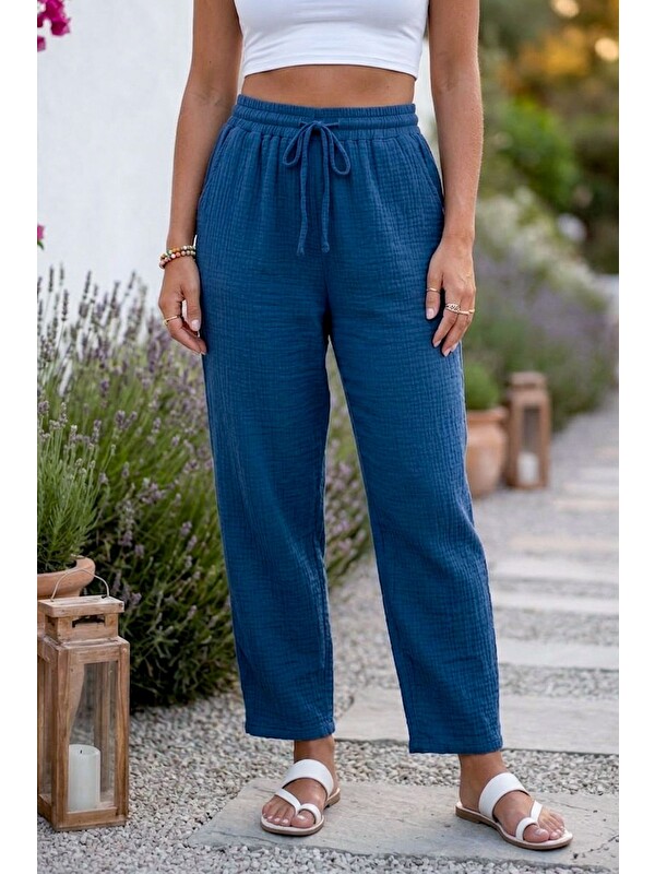 Chiccy Lacivert Cepli Lastikli Ve Bağlamalı Bel Şalvar Paça Casual Müslin Dokuma Pantolon 95 66