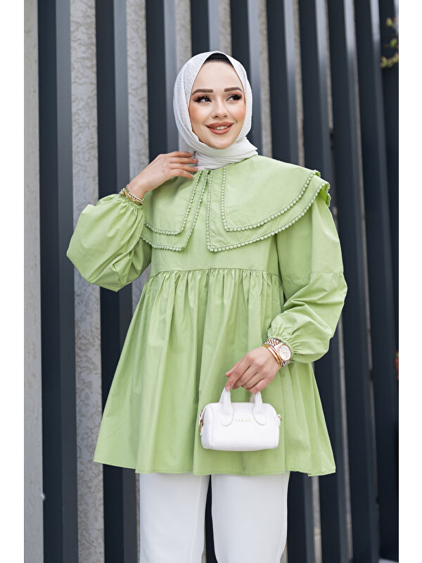 Locco Moda Kadın Çift Yaka Gupurlu Gömlek Fıstık Yeşil