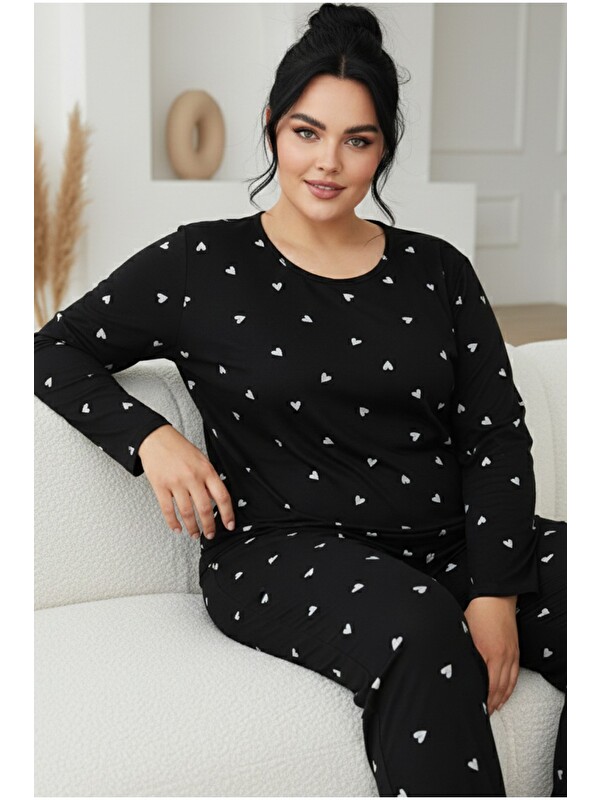 Siyah İnci Curve Büyük Beden Battal Boy Pamuklu Pijama Takımı