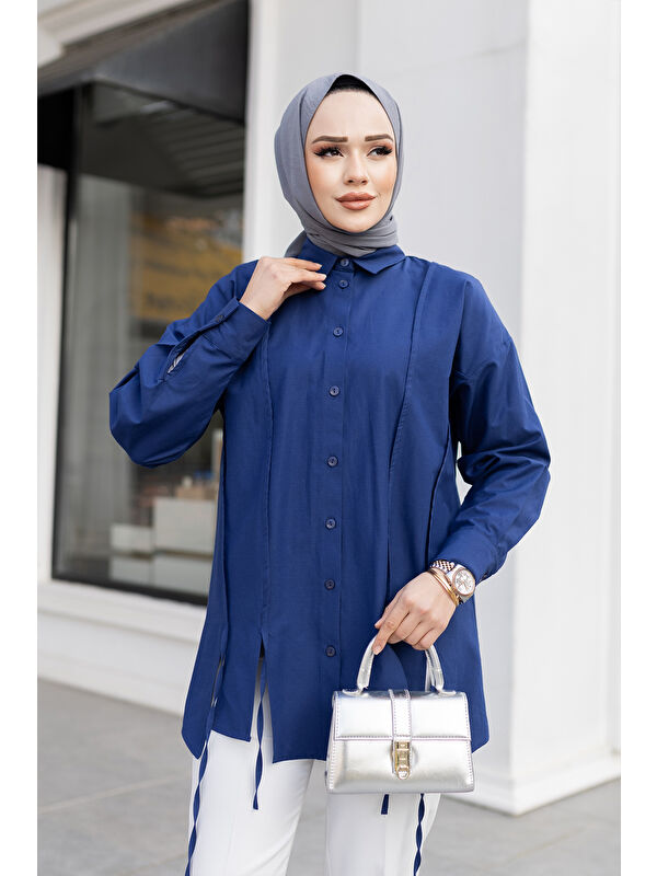 Locco Moda Kadın İp Detaylı Yırtmaçlı Gömlek Lacivert