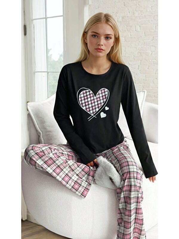carla10 Kalp Baskılı Süprem Kumaş Kadın Pijama Takımı