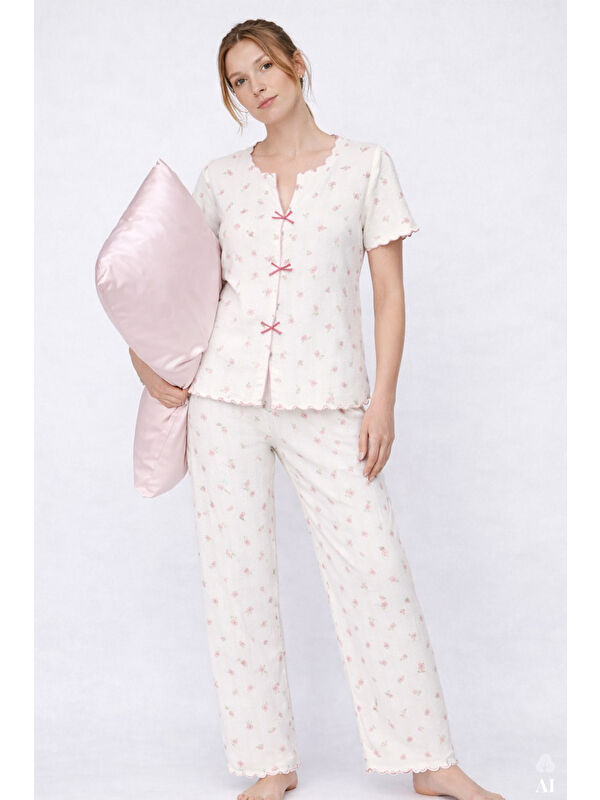 Koza İç Giyim Kadın Kısa Kollu Fiyonklu Fitilli Pijama Takımı