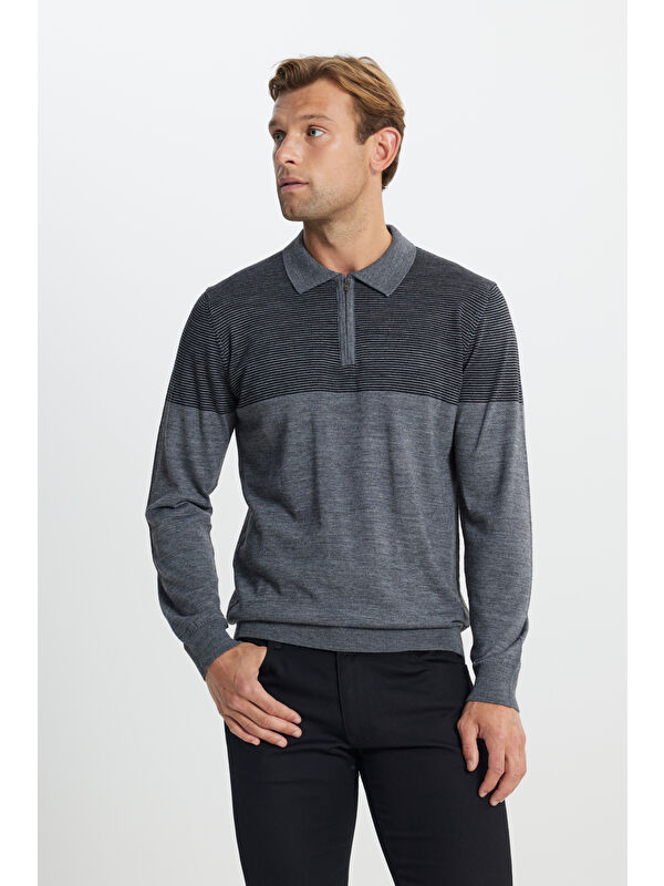 Altınyıldız Classics Erkek Gri Melanj Yün Standart Fit Normal Kesim Polo Yaka Çizgili Triko Kazak