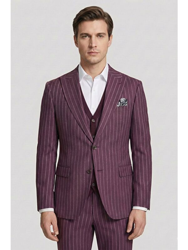 Sabri Özel Giotelli Erkek Bordo Dar Kesim Slim Fit Viskon 6 Drop Triko Yelekli Takım Elbise