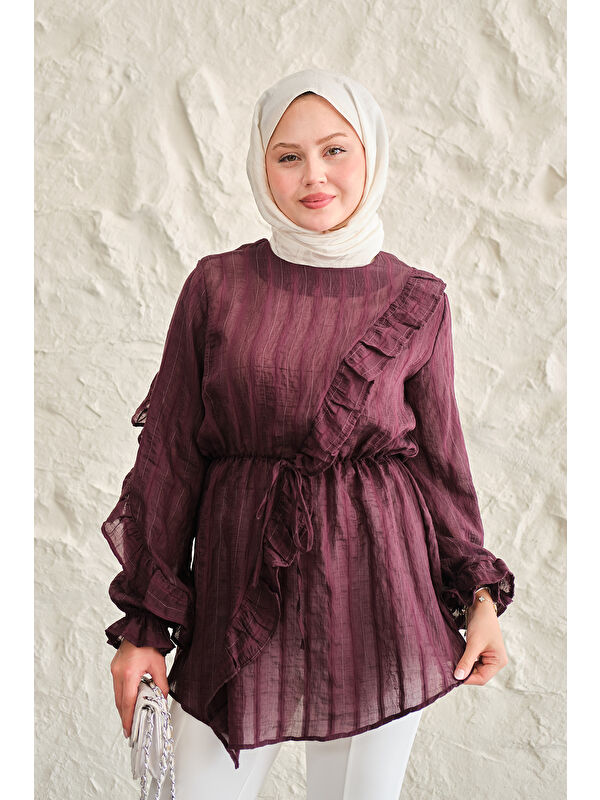 Locco Moda Kadın Önü Fırfırlı Ve Bağlama Detay Simli Tül Kumaş Tunik Bordo