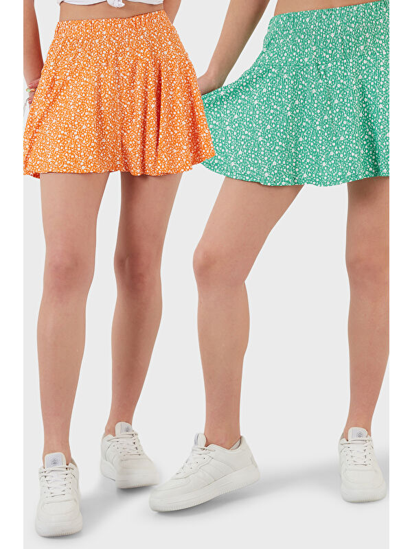 Lela Desenli Beli Lastikli Slim Fit Mini 2'li Paket Kadın Şort Etek 5864024S2