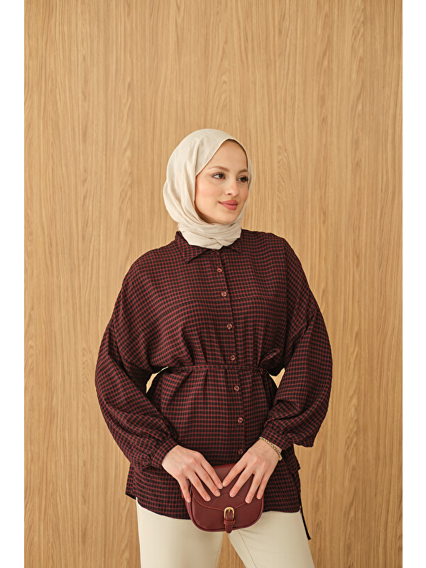 Locco Moda Kadın Ekose Desen Bel Bağlamalı Gömlek Bordo