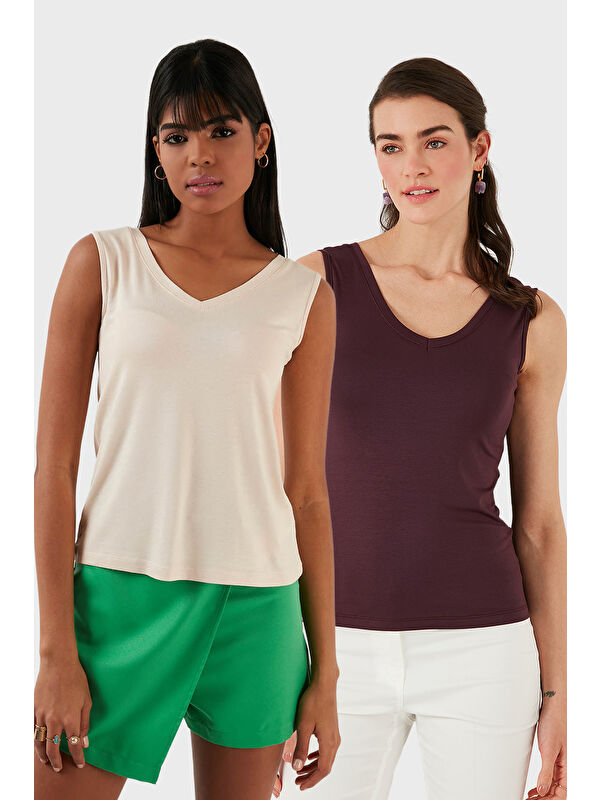 Lela Slim Fit V Yaka Kalın Askılı 2' li Paket Kadın Bluz 5864384S2