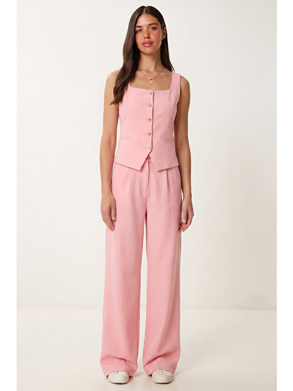 Happiness İstanbul Gold Düğmeli Dokuma Yelek-Pantolon Takım PEMBE LAZ0004