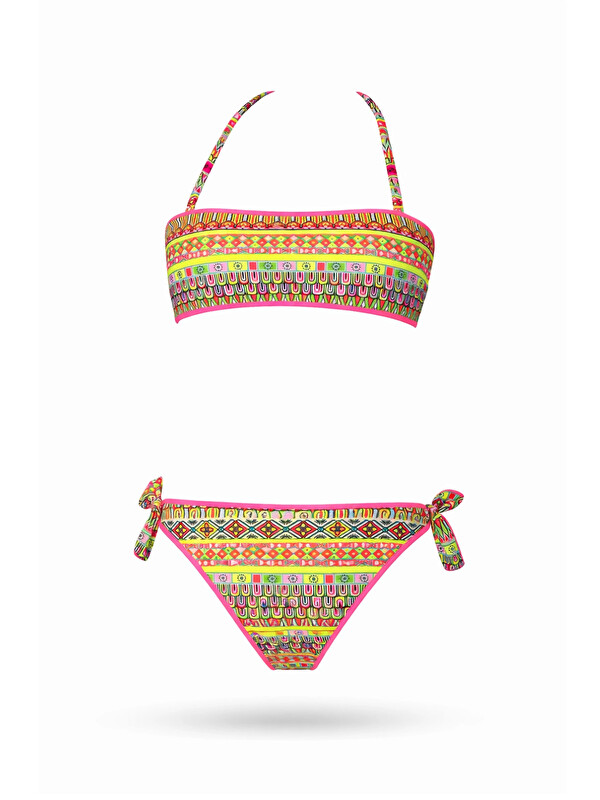 Hazelin Kız Çocuk Somon Neon Sarı Çok Renkli Astarlı 4-12 Yaş Straplez Bikini Takım HZL24S-LC6355
