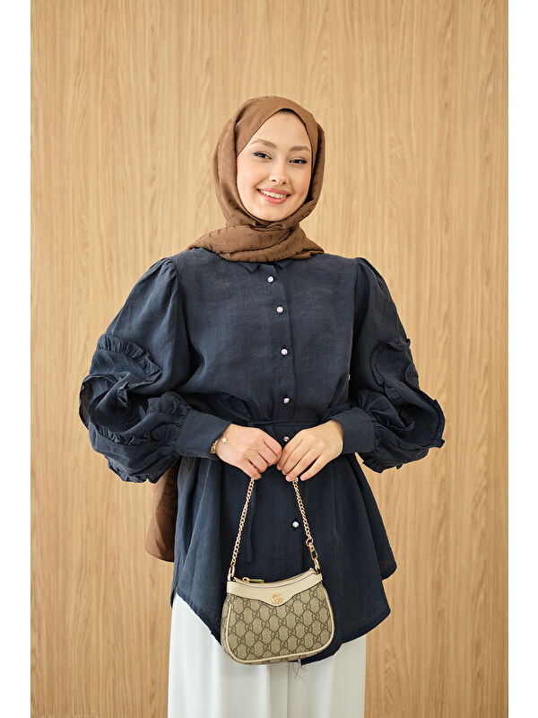 Locco Moda Kadın Kolları Fırfırlı Bel Bağlamalı Gömlek Lacivert