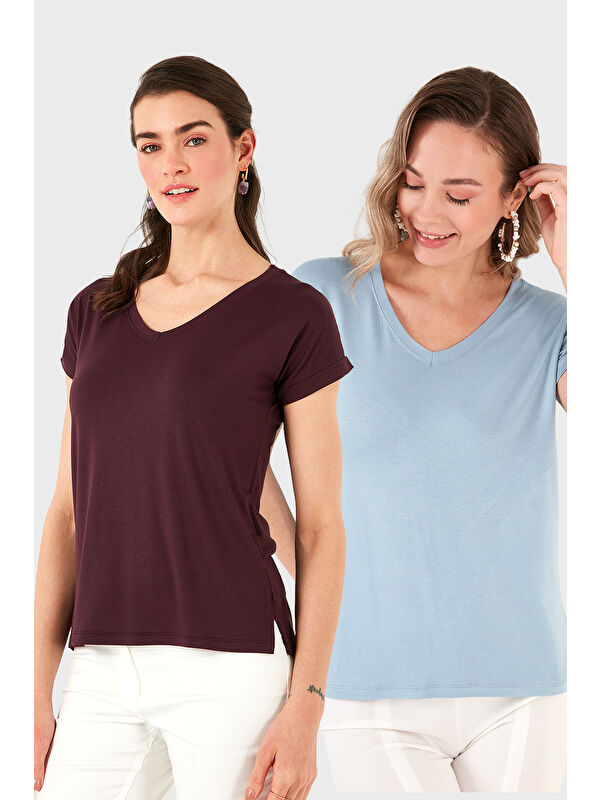 Lela V Yaka Relaxed Fit Yırtmaç Detaylı 2'li Paket Bluz 5862000S2