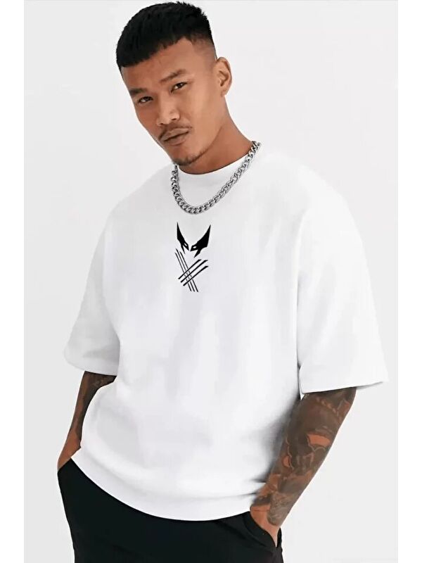 Jane's Unisex Bisiklet Yaka Baskılı Oversize T-Shirt - Beyaz