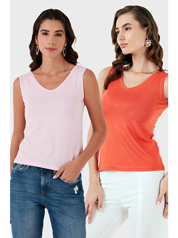 Lela Slim Fit V Yaka Kalın Askılı 2' li Paket Kadın Bluz 5864384S2