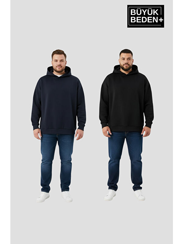 Süperlife Erkek Büyük Beden 2' li Set Kapüşonlu Kollar Ve Etek Ribanalı ince Swatshırt SPR26BSW957+2