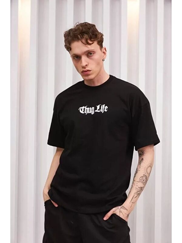 Jane's Unisex Bisiklet Yaka Baskılı Oversize T-Shirt - Siyah