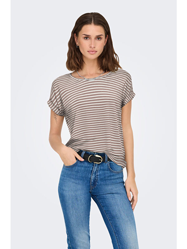 Only Onlmoster Streç Çizgili Regular Fit Bisiklet Yaka Kadın T Shirt 15206243