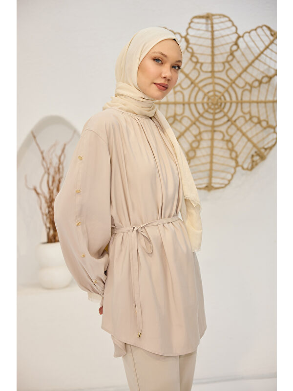 Locco Moda Kadın Bisiklet Yaka Gold Düğme Detaylı Bluz Krem