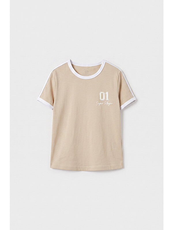 Tommylife Bej Omuz Biye Detaylı Baskılı Kız Çocuk T-Shirt - 75181
