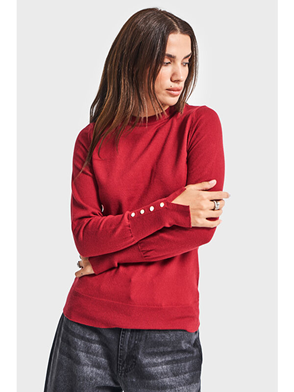 It's Basic Kadın Bordo Renk w5-35 Örme Triko Kumaş Bisiklet Yaka Kol Aksesuarlı Triko
