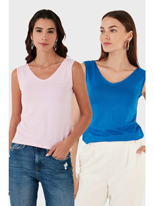 Lela Slim Fit V Yaka Kalın Askılı 2' li Paket Kadın Bluz 5864384S2