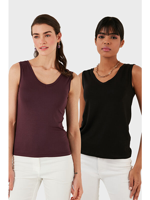 Lela Slim Fit V Yaka Kalın Askılı 2' li Paket Kadın Bluz 5864384S2