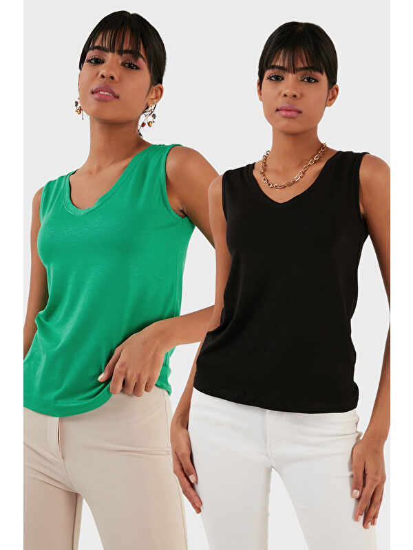 Lela Slim Fit V Yaka Kalın Askılı 2' li Paket Kadın Bluz 5864384S2