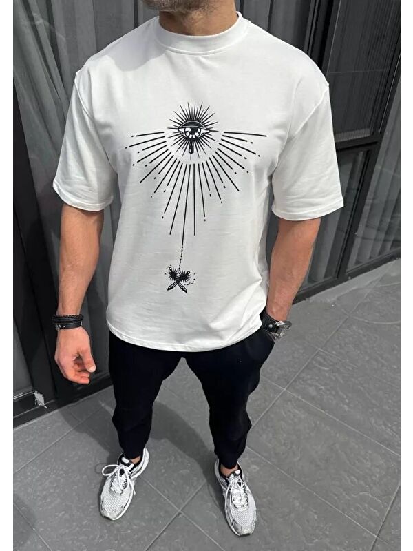 Jane's Unisex Bisiklet Yaka Baskılı Oversize T-Shirt - Beyaz