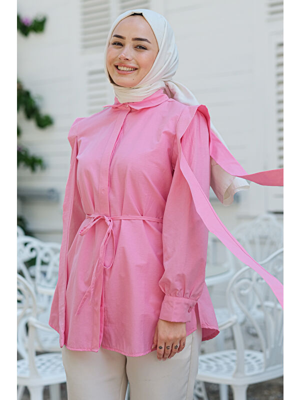 Locco Moda Kadın Pile Detay Önü Gizli Düğmeli Gömlek  Koyu Pembe