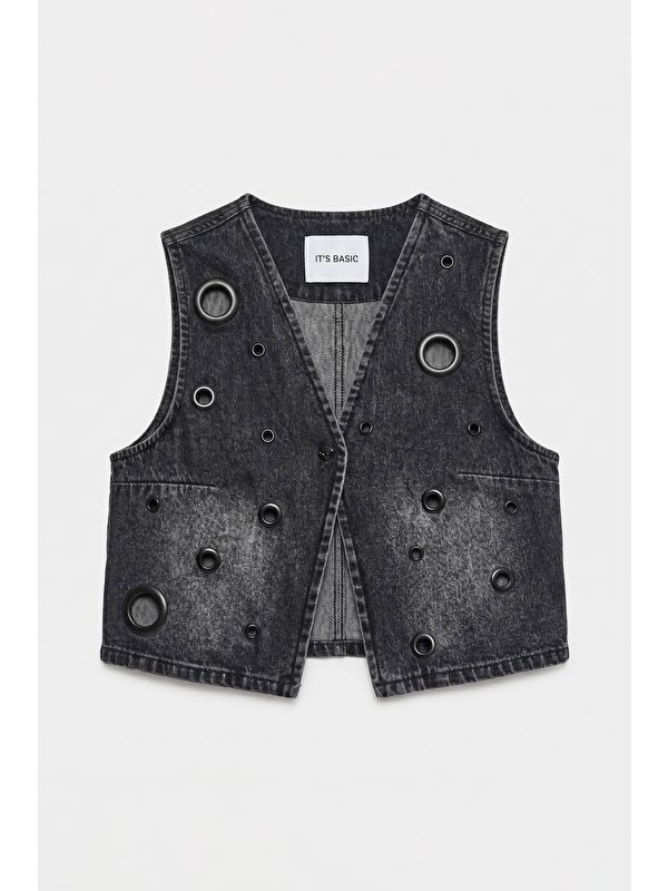 It's Basic Kadın Koyu Füme 2s6-1 Crop Fit Kuş Gözlü Tasarım Denim Yelek