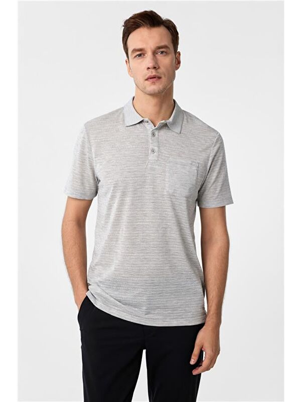 Süvari Gri Regular Armürlü Polo Yaka Tişört