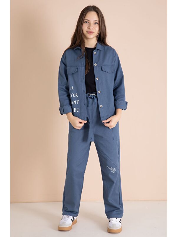 Cansın Mini İndigo Yazı Detaylı Gömlekli Kız Çocuk Pantolonlu Gabardin Takım 23567