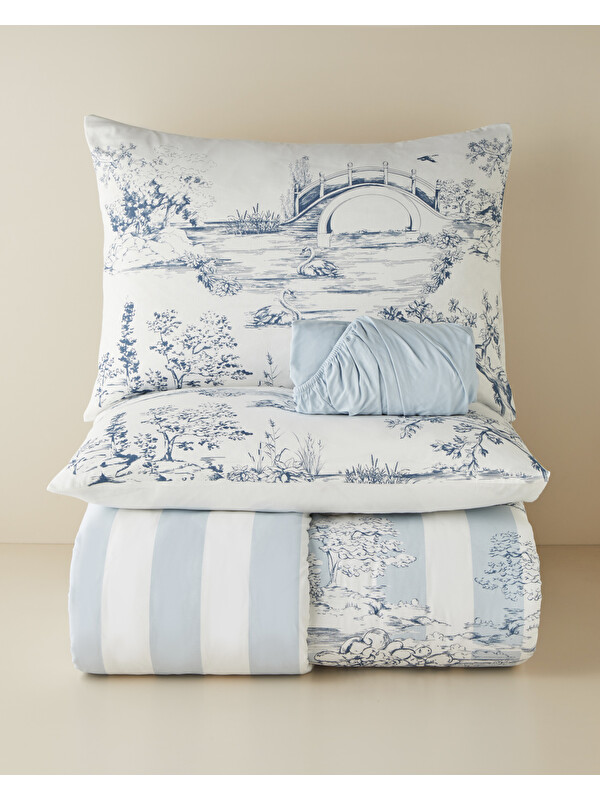 English Home Striped Jouy Pamuk Çift Kişilik Nevresim Takımı 200x220 cm Mavi
