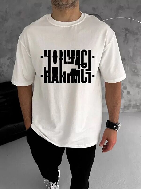 Jane's Unisex Bisiklet Yaka Katlanan Baskılı T-Shirt - Beyaz