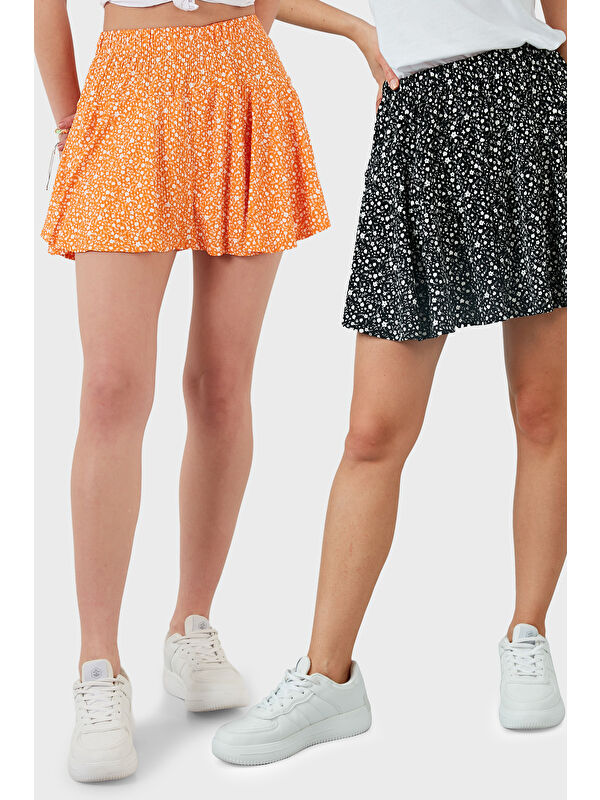 Lela Desenli Beli Lastikli Slim Fit Mini 2'li Paket Kadın Şort Etek 5864024S2