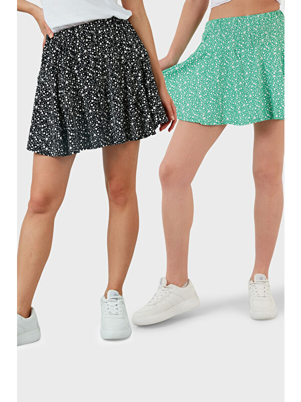 Lela Desenli Beli Lastikli Slim Fit Mini 2'li Paket Kadın Şort Etek 5864024S2