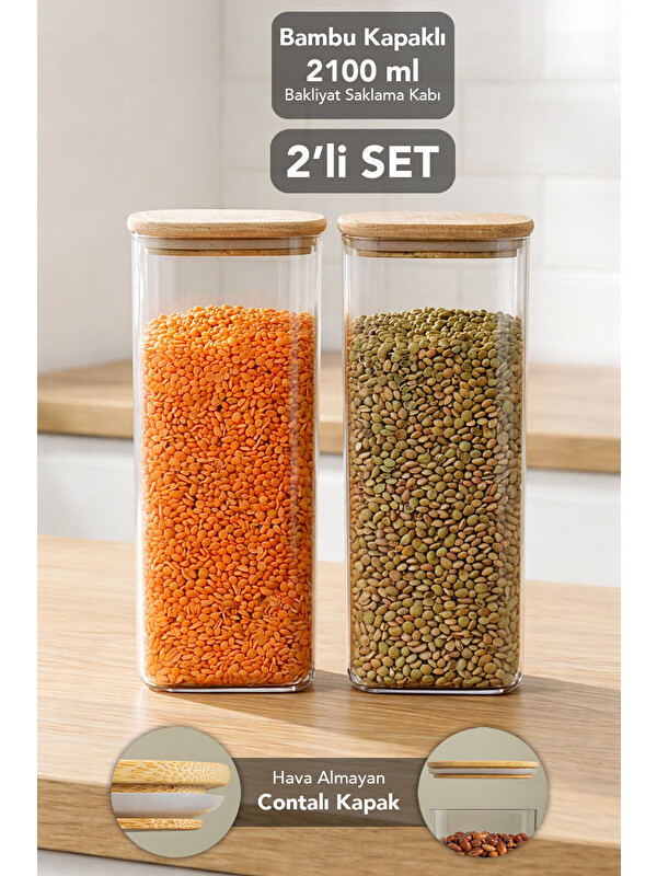 Meleni Home 2'li Bambu Kapak Aura Kapaklı Kare Erzak Saklama Kabı 2100 ml