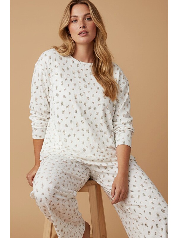 Siyah İnci Pamuklu Fitilli Kaşkorse Büyük Beden Örme Pijama Takım 8034