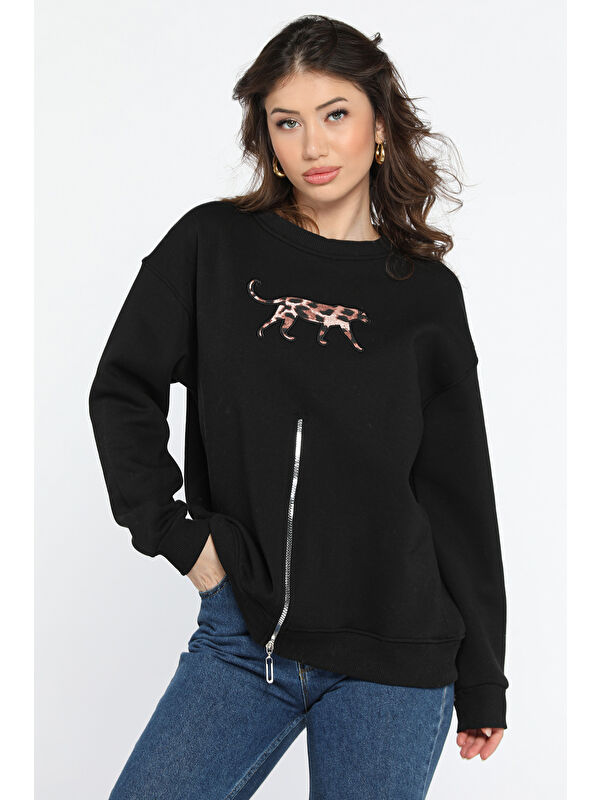 Gülseli Fermuar Detaylı Aplikeli Kadın Sweatshirt