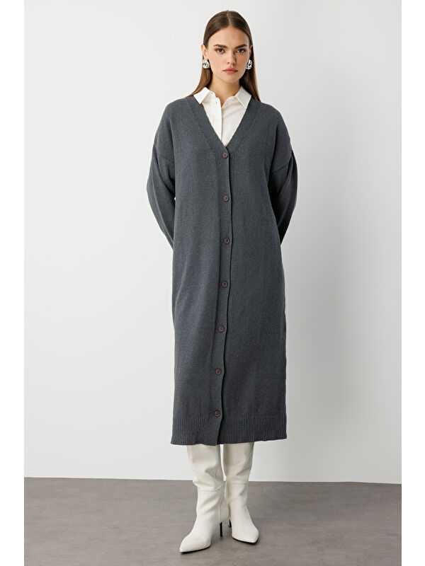 Mizalle Oversize V Yaka Uzun Gri Triko Hırka