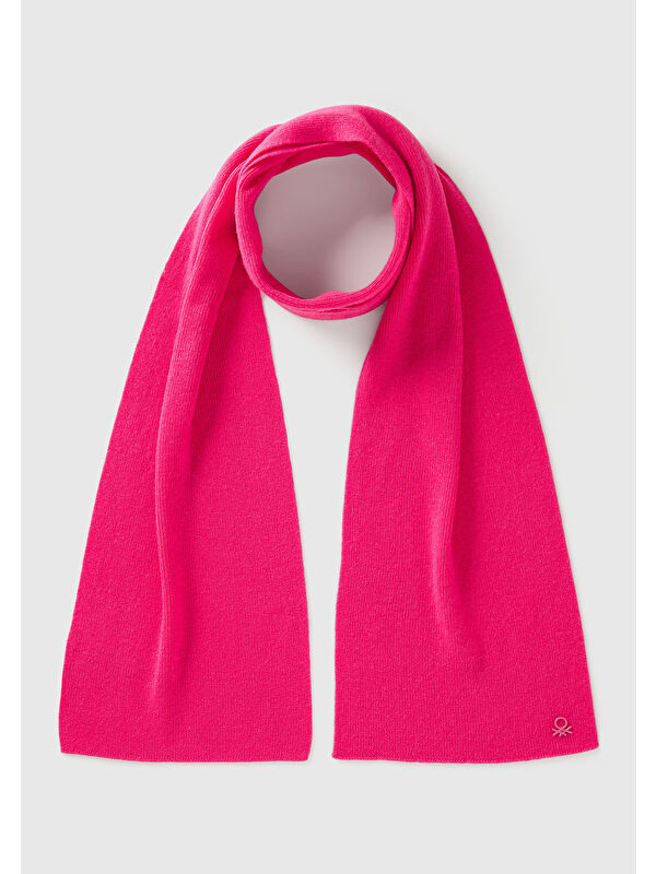 United Colors Of Benetton Kız Çocuk Pembe Yün ve Viskoz Karışımlı Logo Nakışlı Atkı