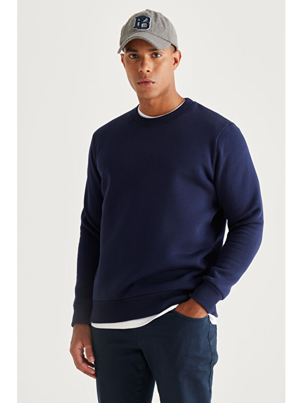 AC&Co / Altınyıldız Classics Erkek Lacivert Standart Fit Normal Kesim İçi Polarlı Bisiklet Yaka Sweatshirt
