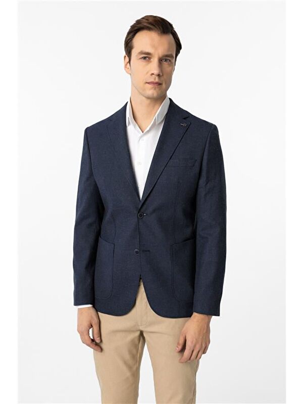 Süvari Lacivert Slim Desenli Mono Yaka 6 Drop Ceket